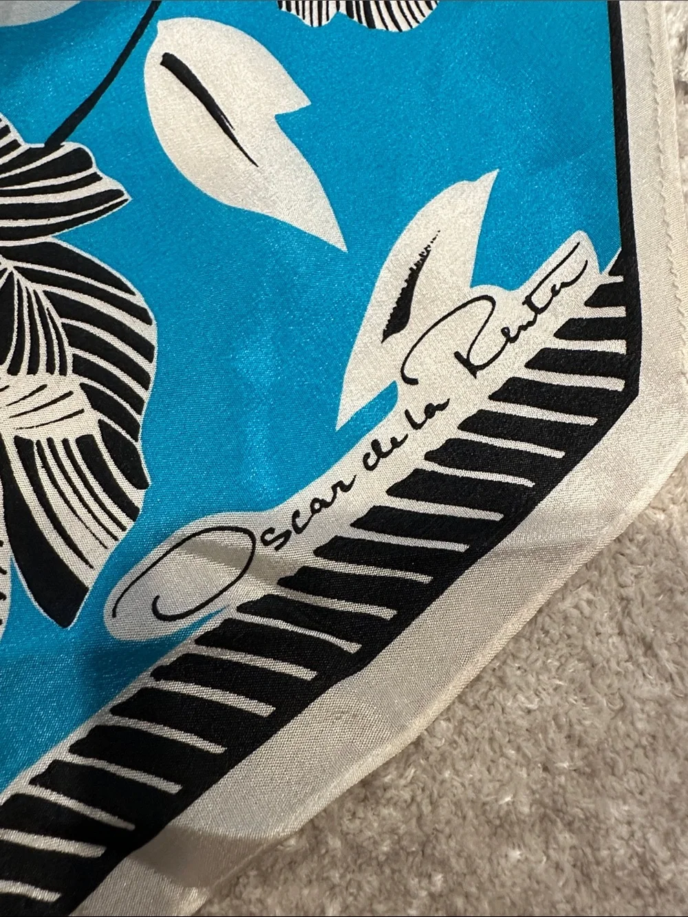 Oscar de la Renta Turquoise, Black & White Floral Silk Scarf
